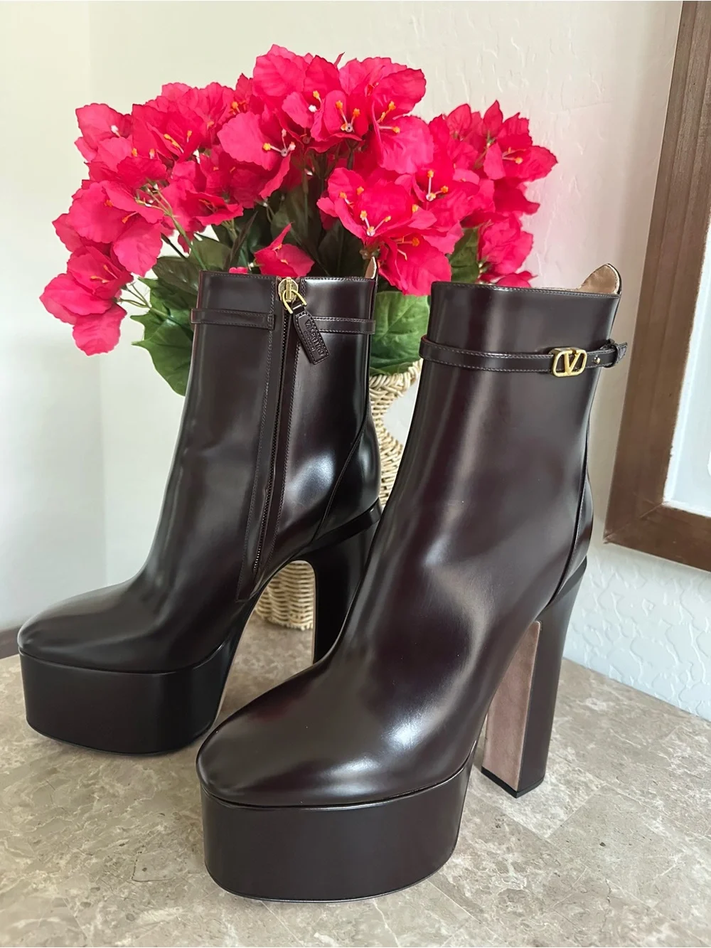Valentino Dark Brown Leather Platform Ankle Boots with Gold V Logo